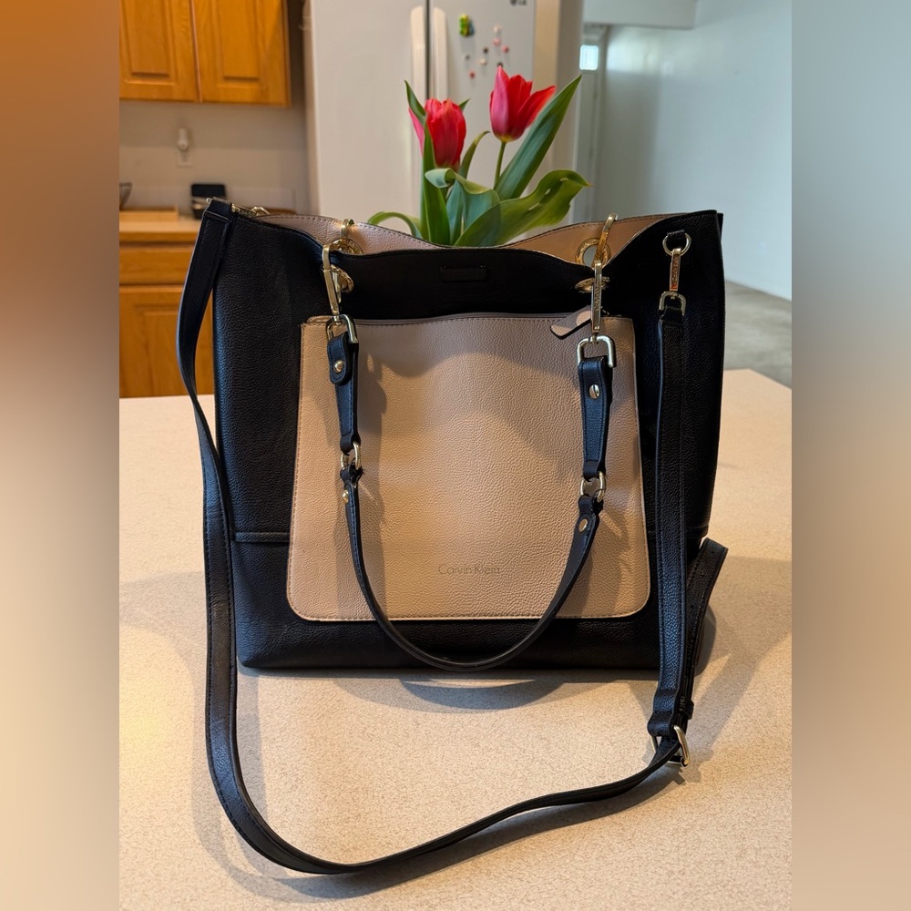 Calvin Klein Black and Beige Two-Tone Tote with Gold Hardware